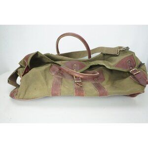 VINTAGE Heavy Canvas Green Brown Leather Duffle Gym Bag
